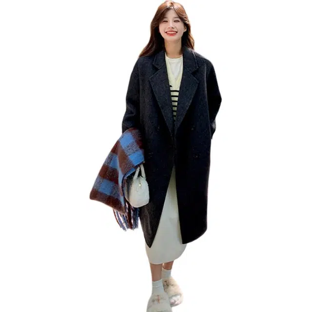 稻草人 优雅简约舒适百搭高级保暖时尚长款冬季外套羊毛大衣 女款