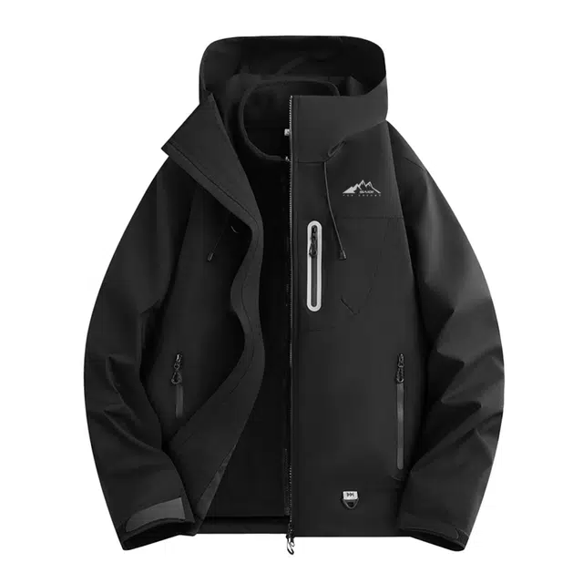 赛琪 山系户外通勤加厚双层三合一压胶可拆卸抓绒内胆字母印花防泼水防风保暖宽松休闲工装连帽绒感外套 男女同款