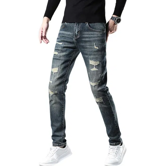 吉肯蒂 潮牌破洞裤男美式高端弹力修身小脚裤牛仔裤 男款