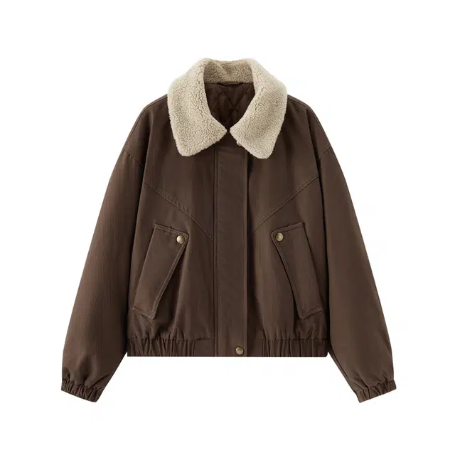 森马 百搭时尚保暖舒适柔软亲肤日常通勤简约夹棉仿羊羔毛翻领纯色宽松型巴恩风截短外套 女款