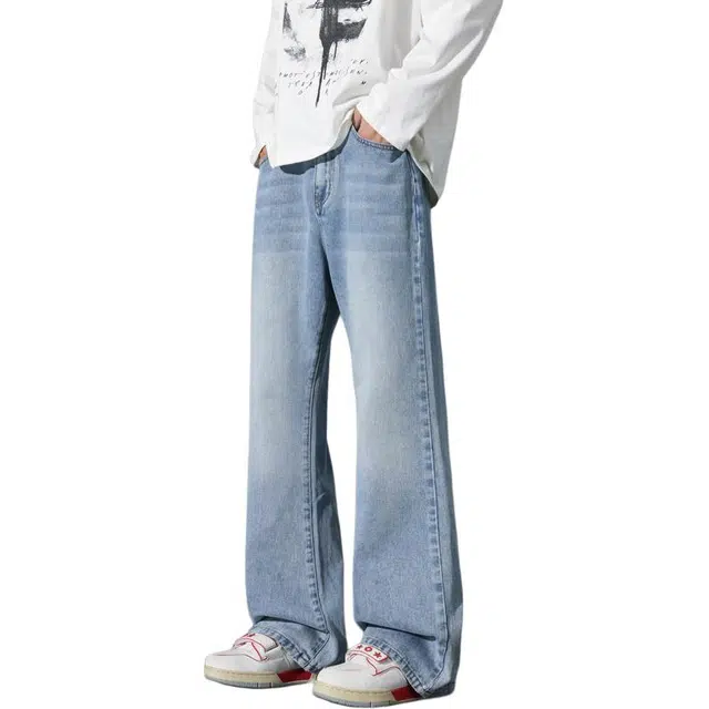 么宁 美式高街微喇宽松百搭长裤舒适透气个性时尚休闲阔腿牛仔裤 男女同款