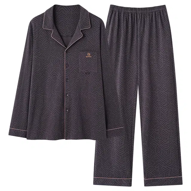 俏霓桐 时尚简约抽象图案纯棉亲肤翻领休闲宽松长袖长裤家居服可外穿睡衣套装 男款