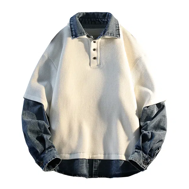百胜狐 百胜狐假两件拼接牛仔男春秋季结构分割半开襟上衣男高级感宽松外套卫衣 男款