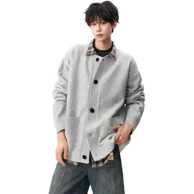 北欧攻略 秋冬高品质重磅绵羊毛加厚软糯舒适亲肤休闲慵懒风外套通勤单排扣长袖开衫圆领针织衫 男女同款