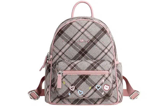 爱路喜 格纹百搭时尚通勤大学生出游书包背包 织物 双肩包 常规 女款 灰雾粉