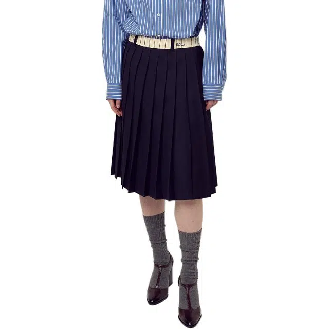 MARDI MERCREDI FW25 WOOL PLEATED MIDI SKIRT CONTRAST WAISTBAND_NAVY