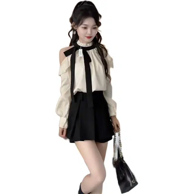 丝絮丝绸 法式设计感露肩衬衫上衣半身裙两件裙装套装 女款