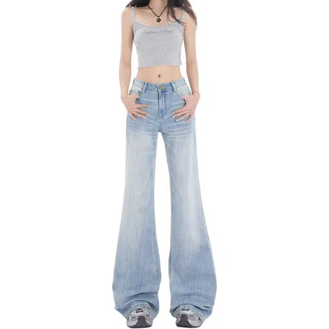 如续 韩系辣妹风水洗浅色微喇长裤潮流基础款高级感百搭垂感通勤牛仔裤 女款