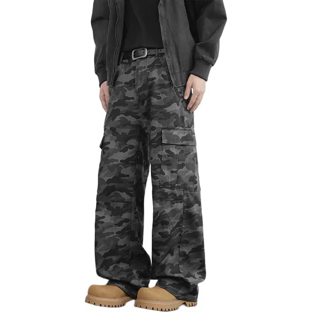 瑞梵帝斯 秋季美式高街迷彩多口袋休闲裤潮牌复古阔腿直筒百搭裤子青少年宽松运动户外徒步登山时尚工装裤 男款