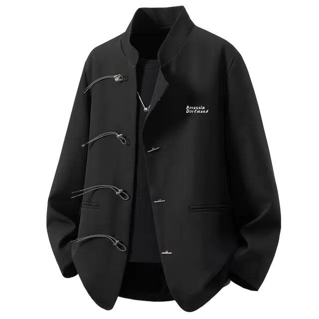 普鲁士多特蒙德 新中式高级感国风品牌字母印花立领金属质感盘扣设计宽松西服中山装休闲舒适文艺衬衫西装 男女同款