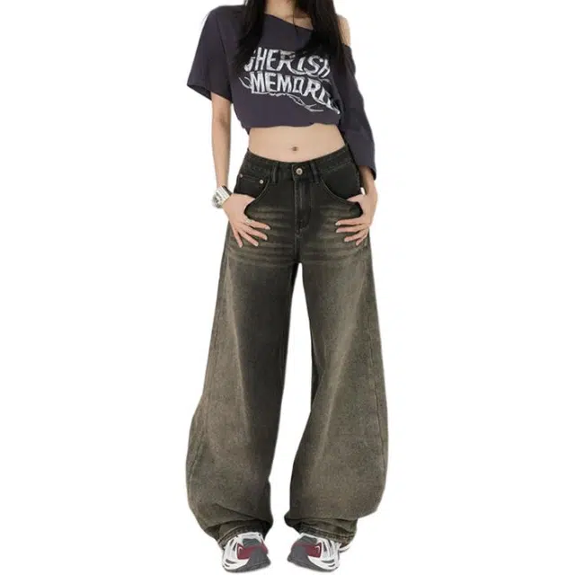 如续 美式复古风水洗做旧渐变直筒长裤潮流百搭舒适休闲垂感拖地牛仔裤 女款