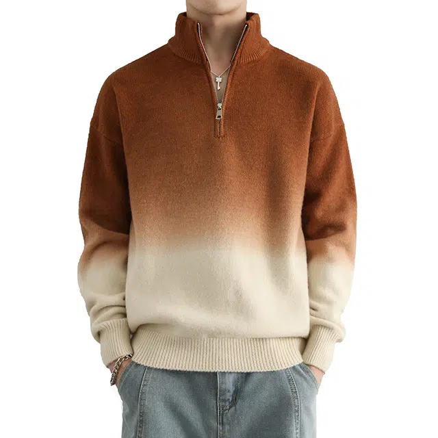 百胜狐 百胜狐半拉链男秋冬季美式立领宽松渐变色男士休闲混纺毛线衣针织衫 男款