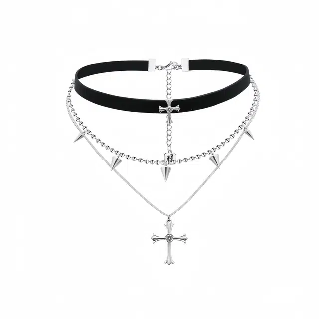 阿葱饰品 双层叠戴流苏十字架项链 甜酷辣妹摇滚风性感小众设计锁骨链 独特个性百搭高级感#好运 合金 颈链 女款