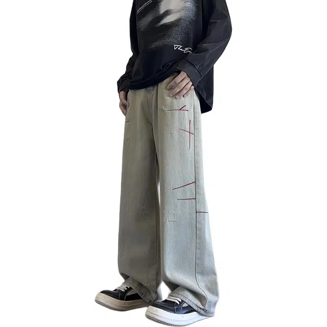 华夏儿女 美式黄泥染红线刺绣柔雾感浅色调百搭舒适高街中腰休闲直筒简约拉链复古解构风宽松阔腿显高显瘦牛仔裤 男女同款