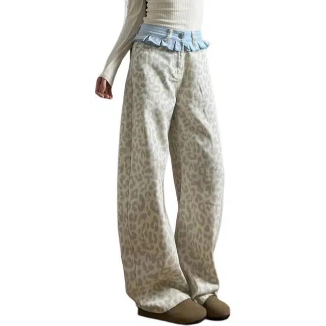 小卷要加油 美式复古拼接豹纹阔腿辣妹风个性设计裙摆拖地裤女牛仔裤 女款