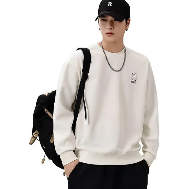 协协乐 春秋季宽松圆领早秋重磅潮牌上衣打底衫时尚字母印花贴布套头外套百搭衣服小众设计款卫衣 男款