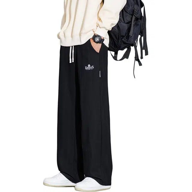 协协乐 高街纯色美式潮牌宽松直筒春秋季拖地裤青少年抽绳痞帅百搭运动长裤休闲裤 男款
