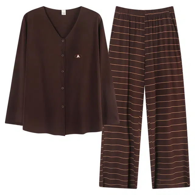 热妒 带胸垫莫代尔春秋条纹长袖长裤休闲时尚外出家居服睡衣套装 女款