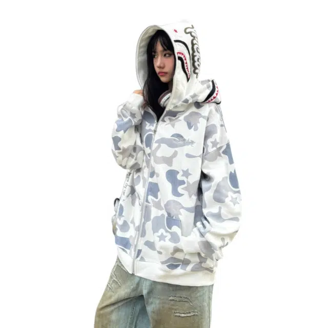 加荣 鲨鱼头卡通设计男休闲衣迷彩风格连帽套头男士款时尚潮流宽松秋男外套拉链长袖男款情侣款青少年帅气的男上衣 男女同款