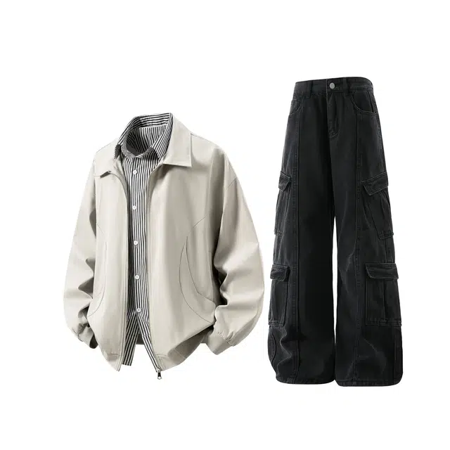梓润格 秋冬港风氛围感高级设计户外大码个性舒适假两件衬衫领夹克外套宽松百搭高街长裤复古水洗大口袋工装牛仔裤休闲运动套装 男女同款