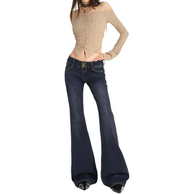 如续 美式复古纯色百搭微喇低腰长裤潮流设计感舒适通勤拖地牛仔裤 女款