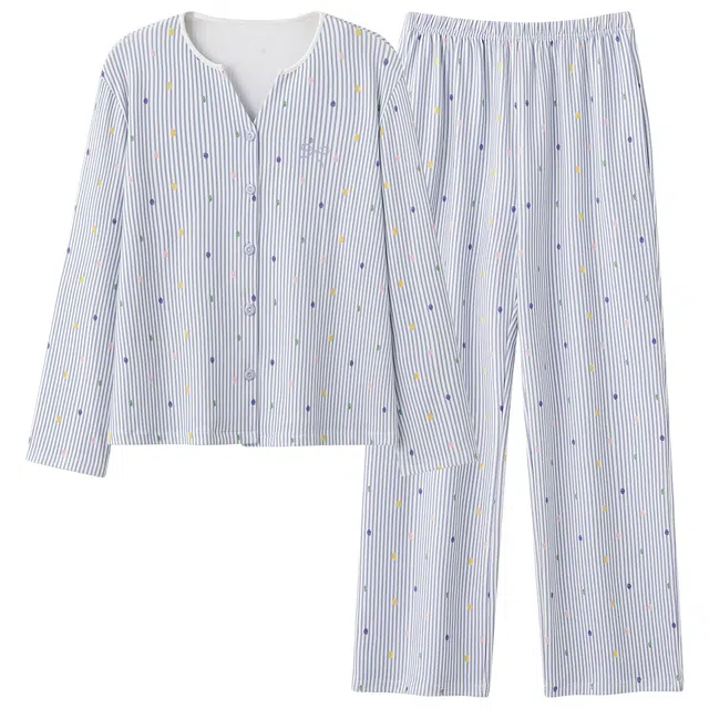 俏霓桐 时尚彩色波点纯棉亲肤简约条纹带胸垫休闲清新长袖长裤家居服可外穿睡衣套装 女款