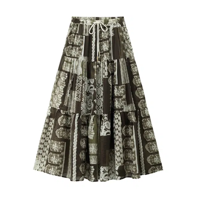 佐丹奴 蕾丝印花贝壳抽绳松紧腰半身裙休闲长裙 女款