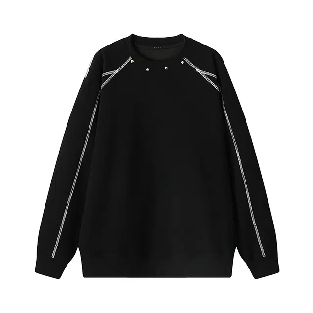 华夏儿女 基础美式纯色重磅高街拼接解构铆钉长袖韩版早秋亲肤柔软细腻休闲宽松套头卫衣 男款