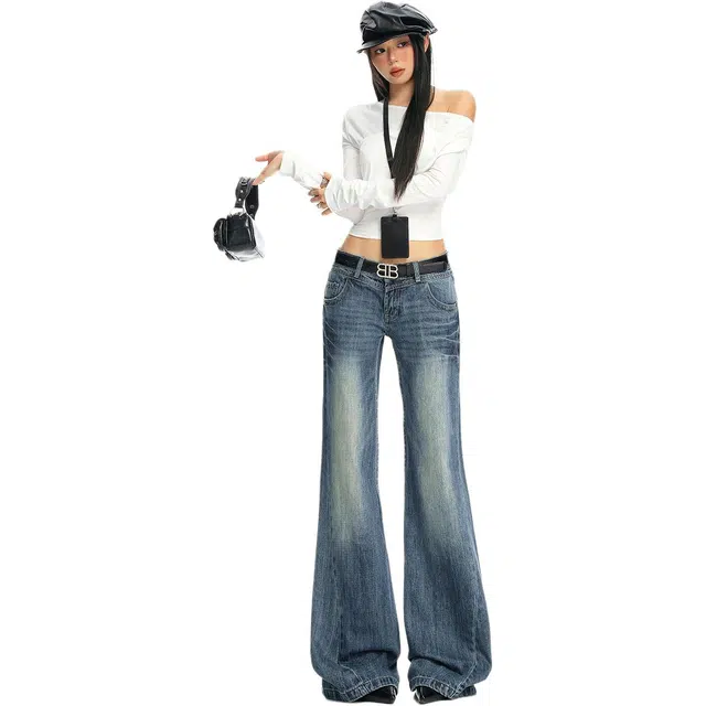 宝米卡 高街美式复古闪电纹洗水工艺春夏低腰宽松拖地微喇裤牛仔裤 男女同款