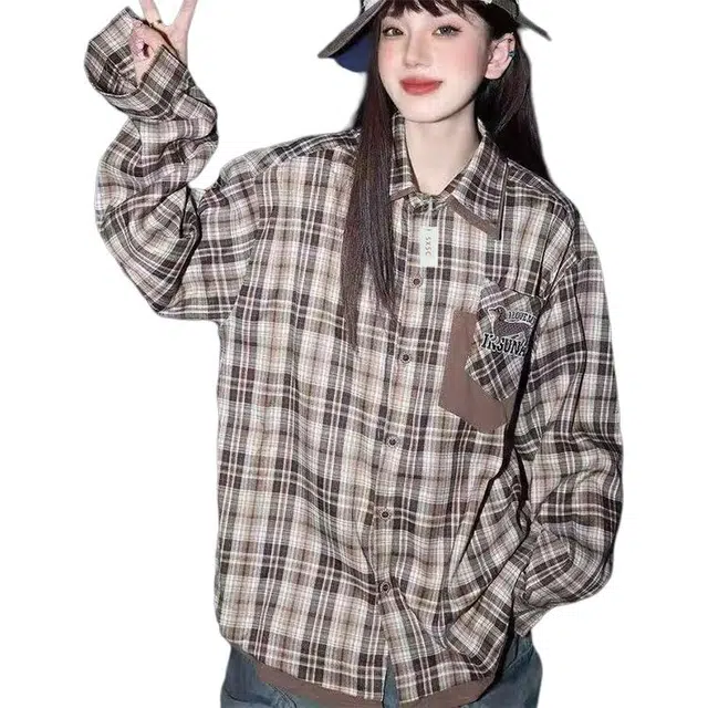 丝絮丝绸 秋季宽松美式高街复古假两件格子长袖外套衬衫 女款
