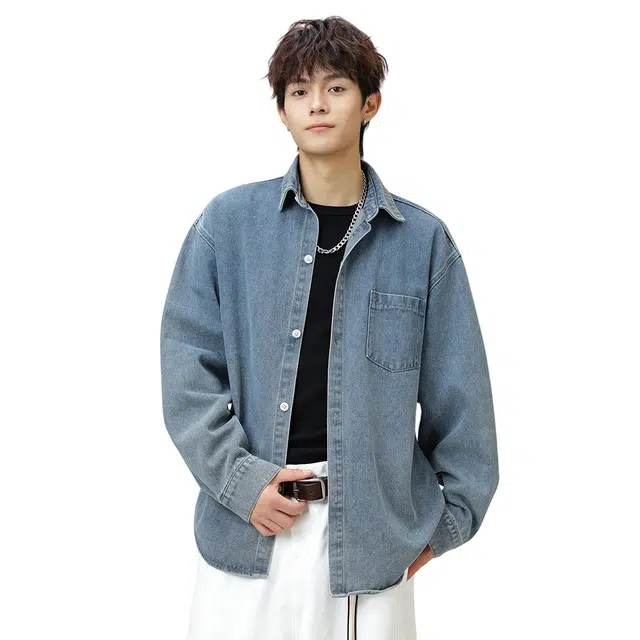 顶峰保罗 美式水洗复古翻领牛仔衬衣无性别主义休闲运动宽松大码高街工装长袖夹克外套纯色显高显瘦潮牌简约百搭衬衫 男女同款