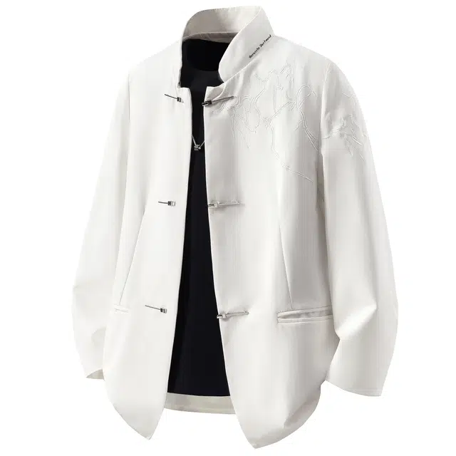 普鲁士多特蒙德 新中式高级感国风藤曼花卉刺绣立领金属纽扣设计字母印花宽松西服中山装休闲舒适文艺衬衫西装 男女同款