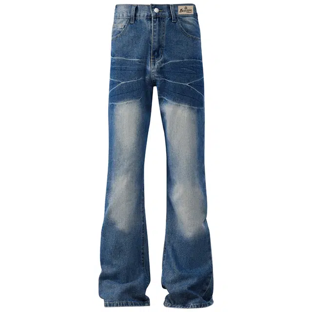 普鲁士多特蒙德 美式复古高街水洗做旧蓝白闪电裂纹显高显瘦休闲垂感直筒舒适时尚百搭潮流日常通勤牛仔裤 男女同款