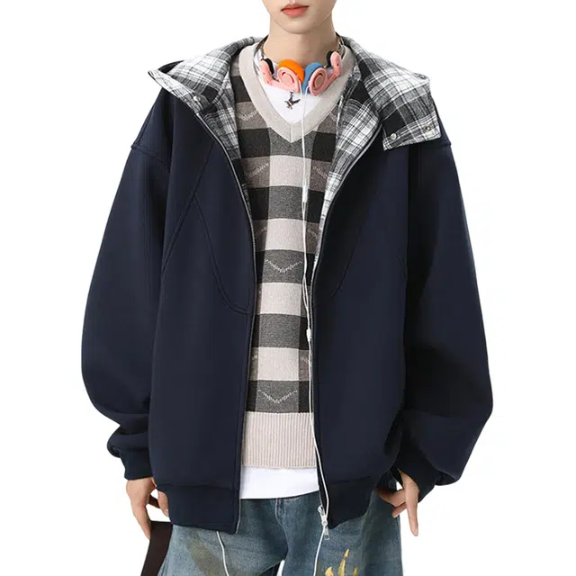 冈哉 纯色解构轮廓拼接内侧采用格纹拉链开衫设计美式复古学院风日常通勤百搭高级感宽松休闲卫衣 男女同款