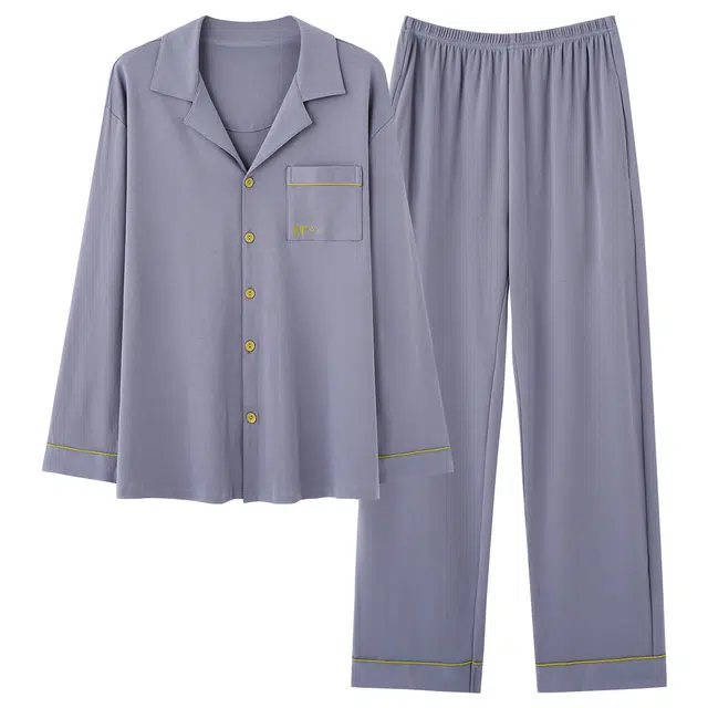 俏霓桐 时尚简约拼色翻领纯棉亲肤休闲百搭舒适柔软长袖长裤家居服可外穿睡衣套装 男款