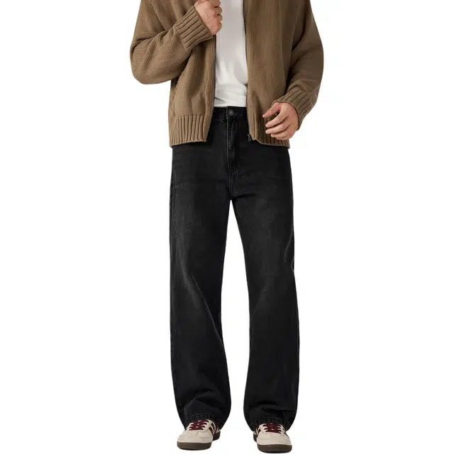 帝狼牛 美式复古纯色水洗做旧阔腿日常通勤休闲风百搭直筒牛仔裤 男女同款