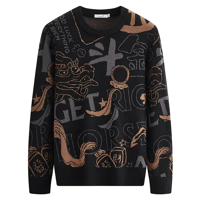 限定年品 与狼共舞 羊毛软糯亲肤时尚高街满印提花舒适圆领中长款针织毛衣 男款