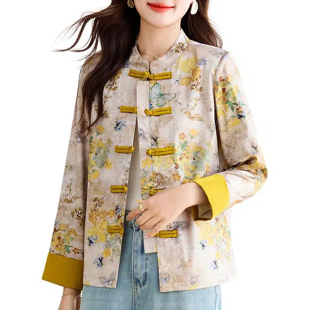 缪斯的诱惑 时尚优雅气质百搭国风汉服唐装上衣东方古韵复古盘扣设计开衫夹克立领洋气减龄新中式提花宽松单排扣拼接长袖截短外套 女款