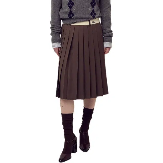 MARDI MERCREDI FW25 WOOL PLEATED MIDI SKIRT CONTRAST WAISTBAND_BROWN
