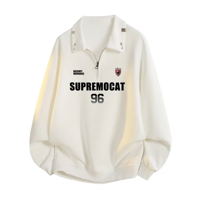 吾皇猫 美式潮牌金属扣半开领拉链设计时尚痞帅宽松大码纯色百搭休闲打底日常穿搭长袖卫衣 男女同款