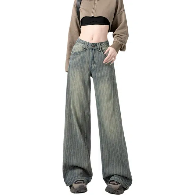 小卷要加油 复古阔腿夏季条纹宽松高腰牛仔裤 女款