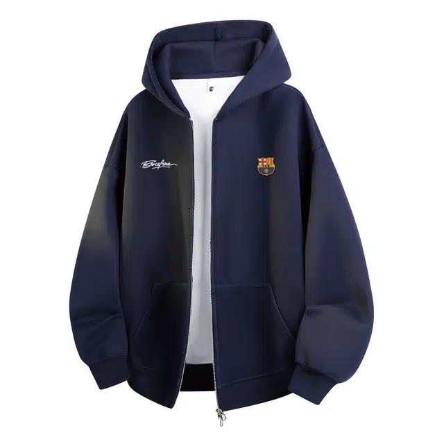 巴塞罗那足球俱乐部 美式高街高克重撞色品牌字母印花开衫外套宽松百搭休闲连帽落肩运动重磅长袖卫衣 男女同款