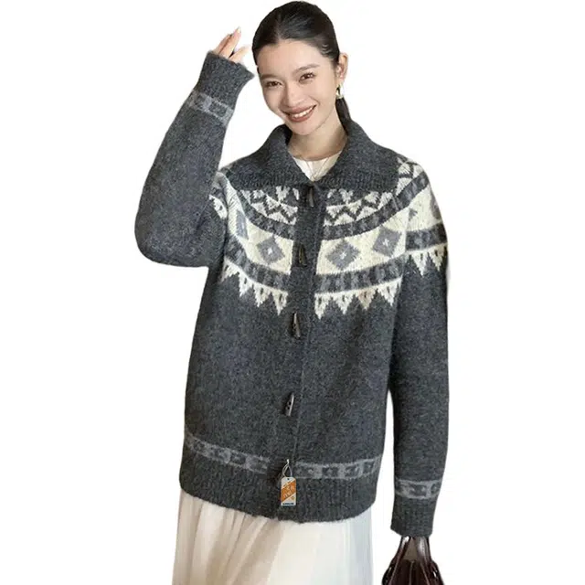 北欧攻略 韩系费尔岛毛衣开衫秋冬加绒加厚女翻领牛角扣外套设计感上衣针织衫 男女同款