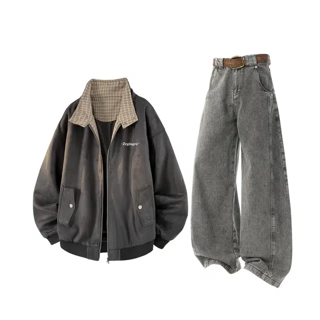 梓润格 格子拼接麂皮绒外套秋季潮牌美式宽松高级设计个性学院风夹克感弯刀牛仔裤复古水洗解构阔腿拖地裤休闲运动套装 男女同款