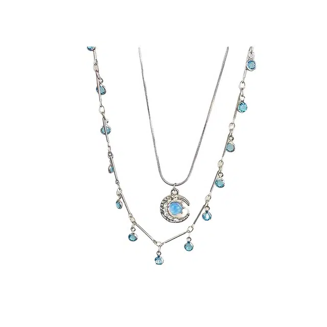 清脆小溪 落月星空流苏气质双层蓝月亮叠戴轻奢小众高级感清冷感时尚个性百搭 锆石 项链 女款