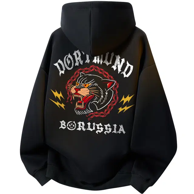 普鲁士多特蒙德 美式复古高街潮流闪电虎图腾设计图案字母印花宽松休闲舒适百搭无性别主义重磅通勤运动落肩长袖连帽卫衣 男女同款