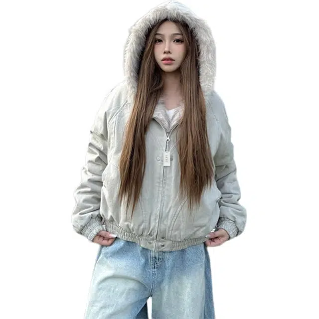 丝絮丝绸 冬季保暖加厚毛领棉衣外套棉服 女款