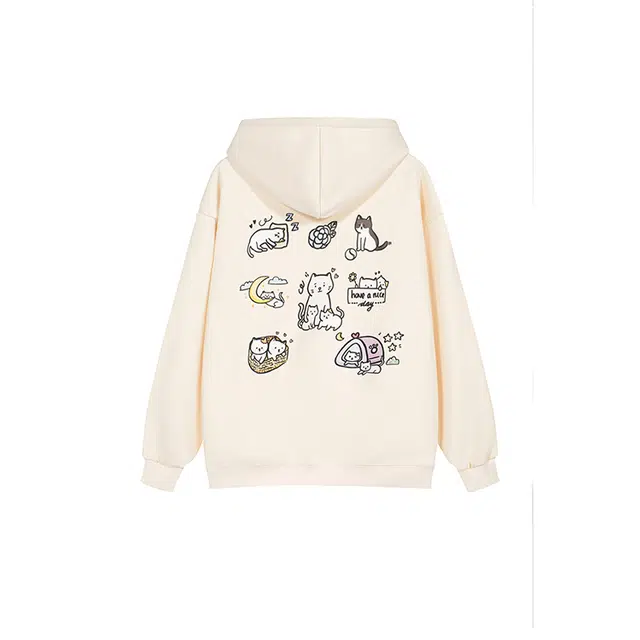思蓓儿 美式卡通可爱猫咪印花连帽衫百搭简约落肩宽松休闲加绒上衣卫衣 女款