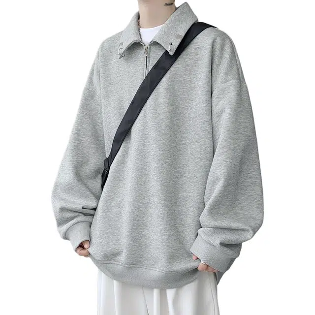 顶峰保罗 半拉链金属扣重磅翻领宽松大码长袖上衣无性别主义潮牌休闲运动高街纯色衬衣简约百搭显高显瘦卫衣 男女同款