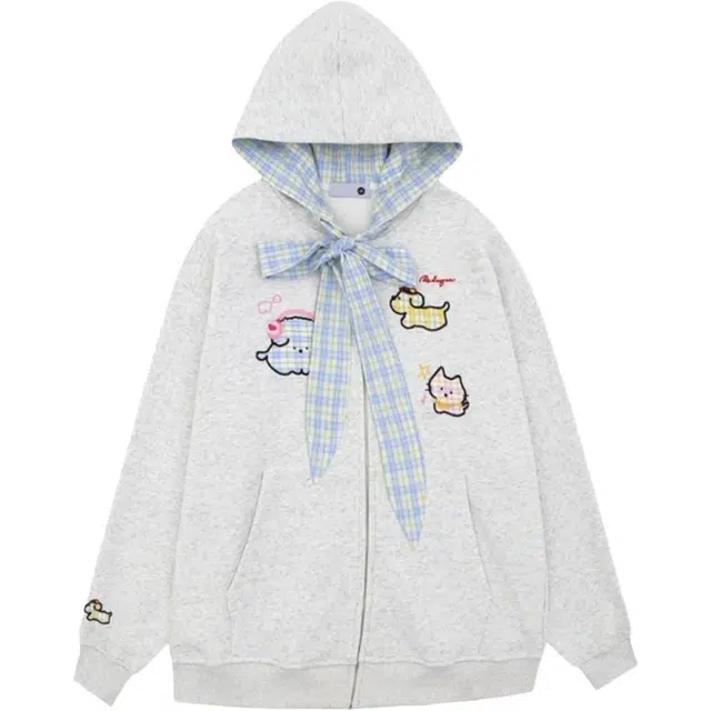 爱肯 学院风趣味设计格纹拼接小狗卡通装饰开衫连帽女秋冬季韩系学生慵懒风宽松外套潮卫衣 男女同款